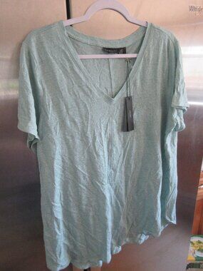Tahari V-Neck Top 1X Green 100% Linen High Low Short Sleeve Lagenlook new nwt